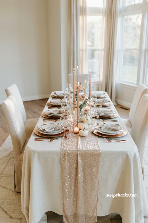 Rose gold Thanksgiving table setting with white pumpkins copper chargers and sparkling runner