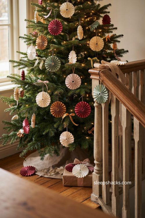 Rosette paper ornaments with accordion folded scrapbook paper and layered cardstock christmas decorations 