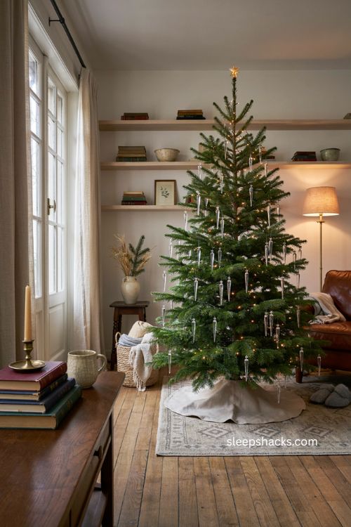 Rotating Christmas tree with sparkling icicle ornaments 