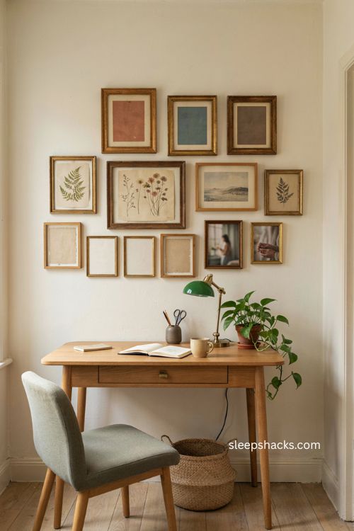 Rotating gallery wall small office decor ideas with cozy framed artwork