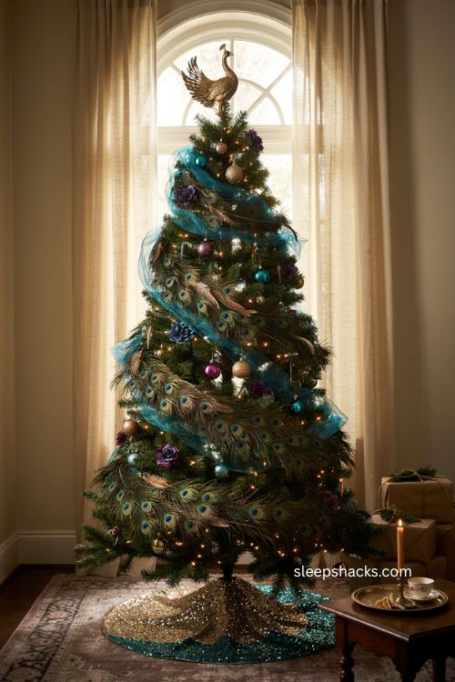 Rotating peacock Christmas tree with cascading tail feathers sequined skirt and jewel toned decor 