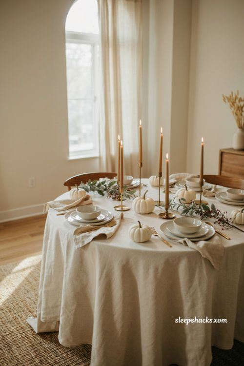 Round Thanksgiving table with gold candlesticks white pumpkins and greenery