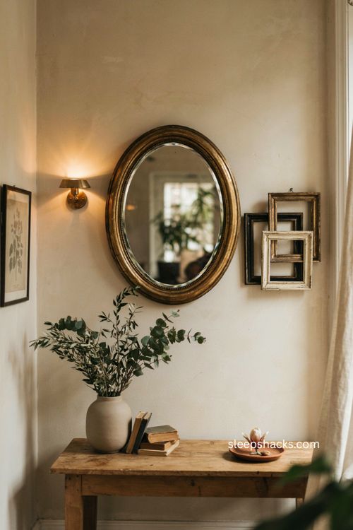 Round mirror living room wall decor ideas with warm vintage styling 