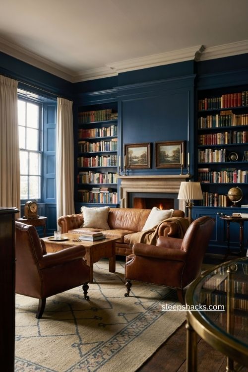 Royal navy preppy living room with leather furniture and brass accents 