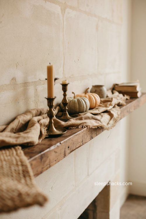 Ruffled burlap mantle runner with pumpkins and metal candlesticks 