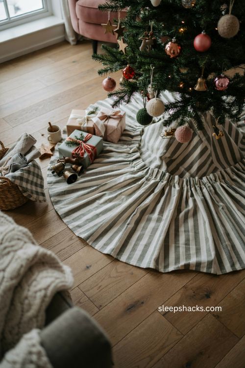 Ruffled green and white Christmas tree skirt with playful holiday decor 