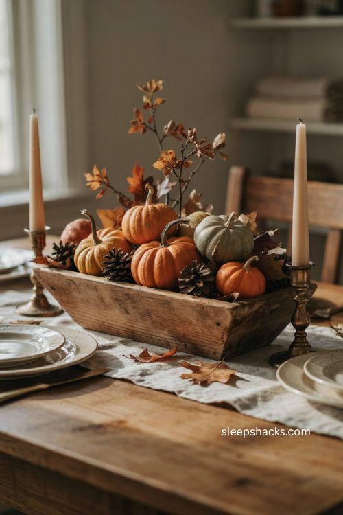 Rustic Thanksgiving dough bowl centerpiece with pumpkins gourds and pinecones 