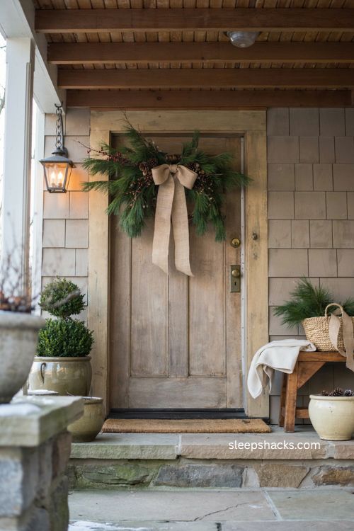 Rustic burlap Christmas door swag with pine cedar wood ornaments and dried berries