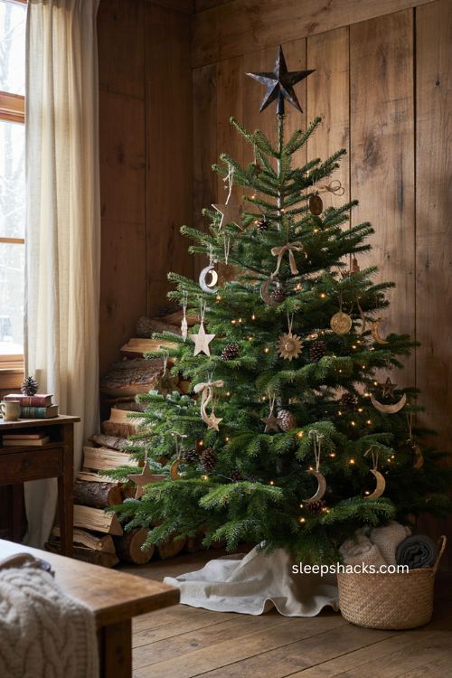 Rustic celestial Christmas tree with wooden stars pinecones and metal moons