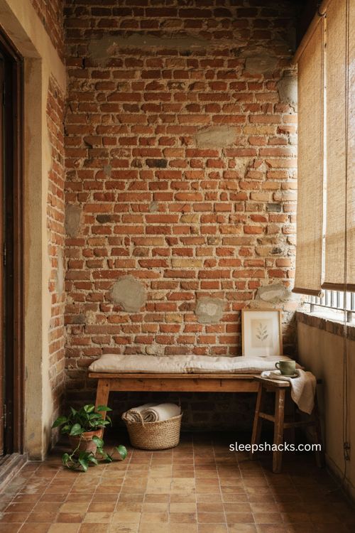 Rustic exposed brick nook with jute blinds wooden bench and cozy balcony decor