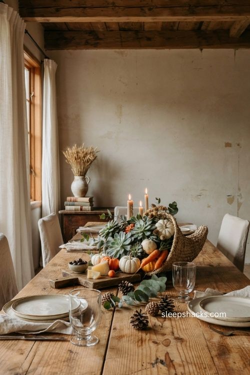 Rustic fall cornucopia centerpiece with succulents white gourds greens and natural wood 