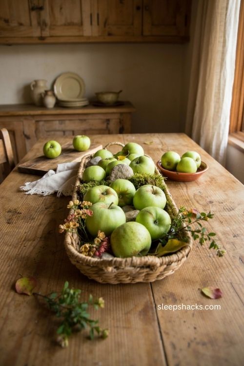 Rustic fall decor with green apples moss woven basket and farmhouse harvest centerpiece 