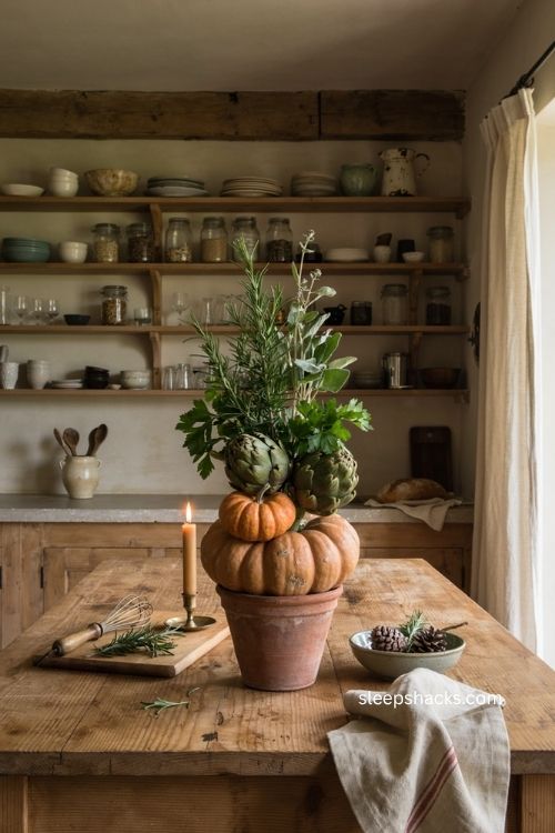 Rustic fall decor with herb pumpkin and artichoke topiary in farmhouse kitchen 