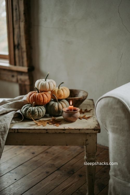Rustic fall decor with mini pumpkins and gourds stacked on a weathered side table