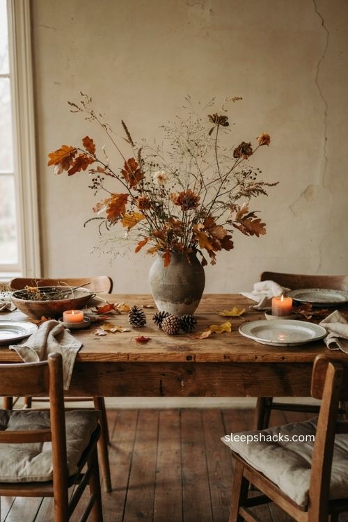 Rustic fall decor with natural branches seed pods dried foliage and wild autumn arrangement 
