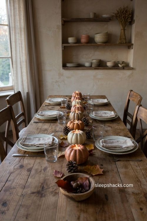 Rustic fall decor with pumpkin votive candles on a cozy natural wood dining table 