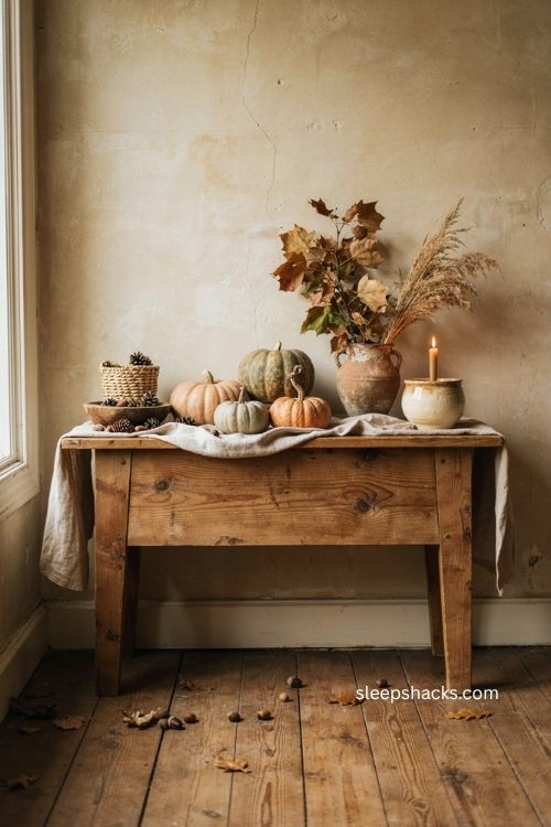 Rustic fall decor with raw wood terracotta pinecones pumpkins and gathered foliage 