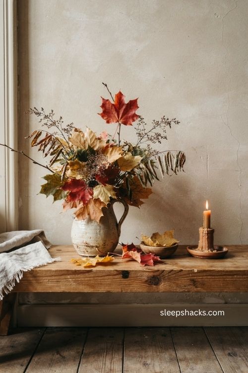 Rustic fall decor with red maple leaves and natural foliage bouquet in ceramic pitcher 
