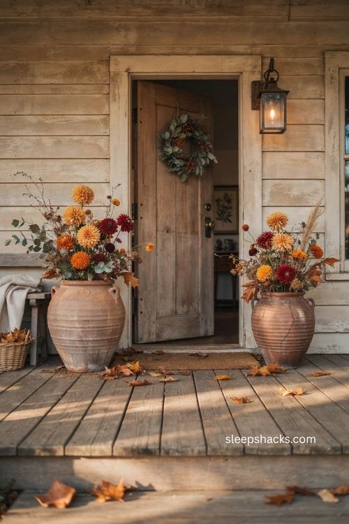 Rustic fall decor with ribbed terracotta pots and colorful autumn flowers on front porch 