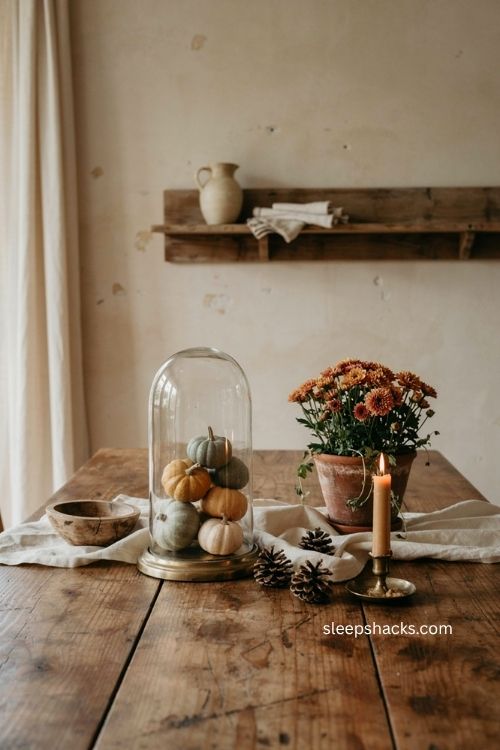 Rustic fall foyer decor with glass cloche gourds terracotta pot and autumn mums 