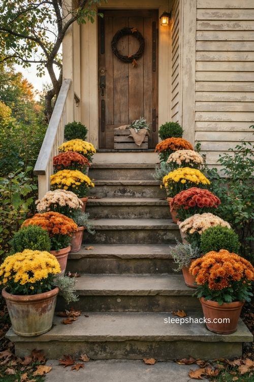 Rustic fall front steps with colorful mums sage and terracotta farmhouse porch decor 