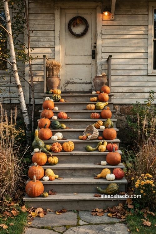 Rustic fall front steps with pumpkins gourds autumn wreath and farmhouse porch decor 