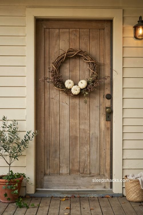 Rustic fall grapevine wreath with white pumpkins dried berries and greenery on front door 