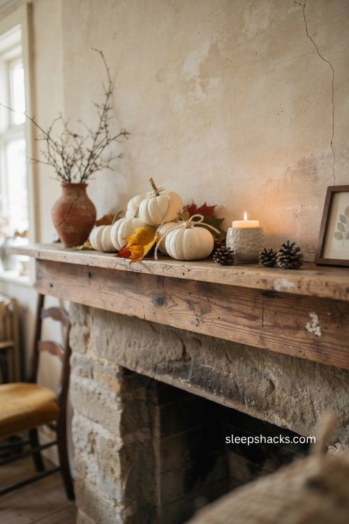Rustic fall mantel decor with white pumpkins autumn leaves twine and reclaimed wood 