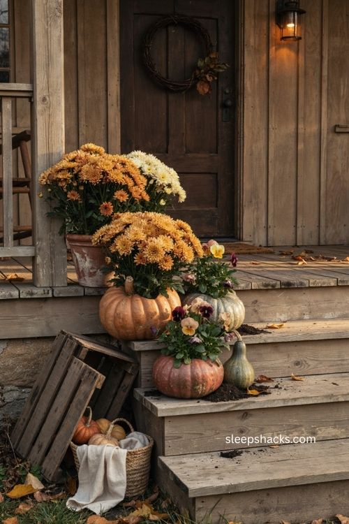 Rustic fall mumkin planter with chrysanthemums pumpkins gourds and farmhouse porch decor 