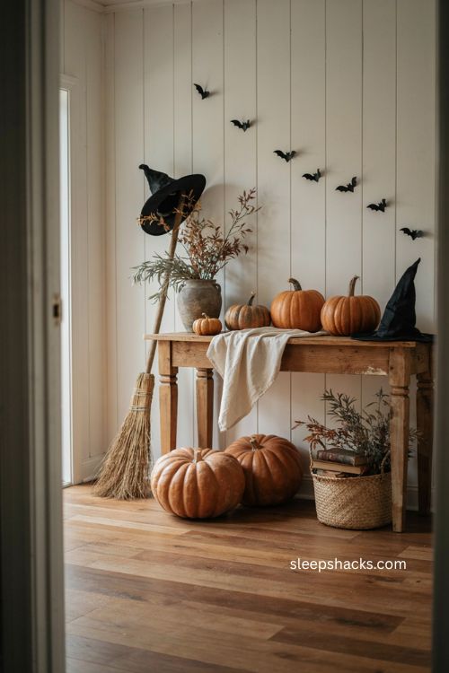 Rustic farmhouse Halloween entry table with pumpkins witch hats broomstick and bats