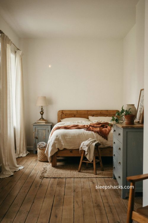 Rustic farmhouse bedroom with blue furniture and burnt orange bedding 