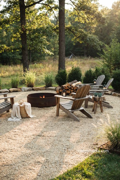 Rustic gravel fire pit ideas with Adirondack chairs and metal fire ring 