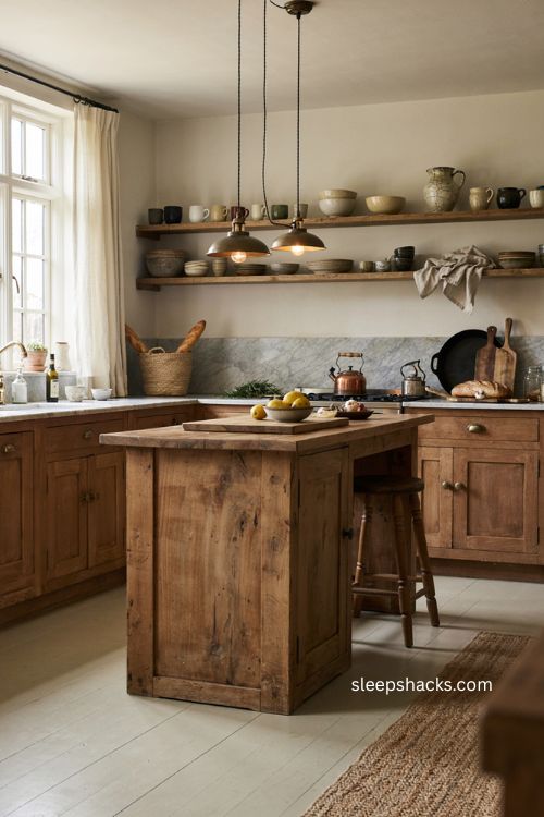 Rustic kitchen with warm wood stone and collected vintage details 