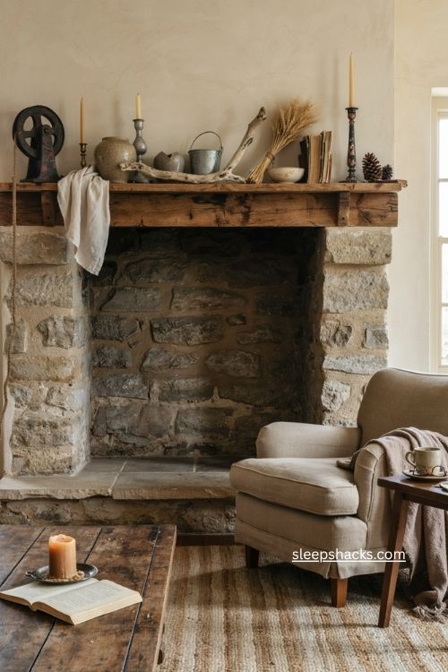 Rustic living room decor with asymmetrical fireplace mantel found objects driftwood vintage candlesticks old iron and salvaged textures 