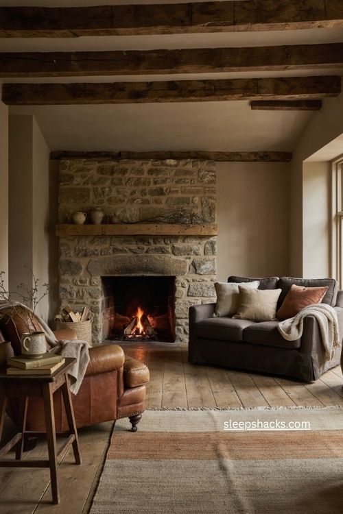 Rustic living room decor with exposed wood stone fireplace and cozy vintage textures