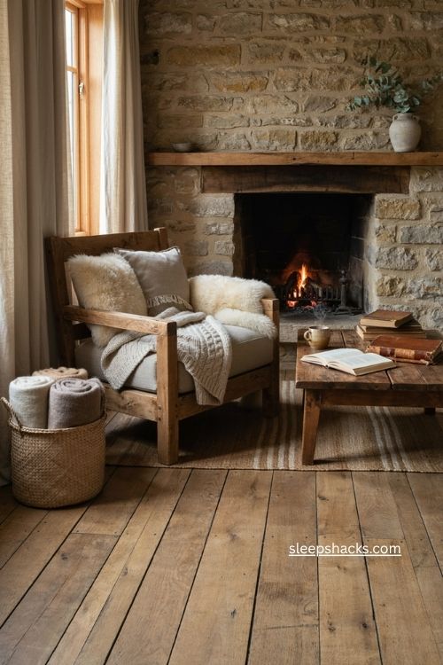 Rustic living room decor with faux fur throws chunky knit blankets reclaimed wood and cozy winter textures 