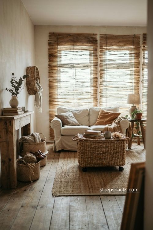 Rustic living room decor with natural woven baskets matchstick blinds reclaimed wood furniture and cozy farmhouse textures 
