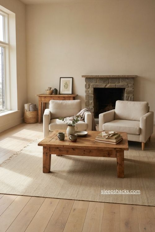 Rustic living room decor with reclaimed wood coffee table contemporary furniture natural textures and cozy sustainable style 