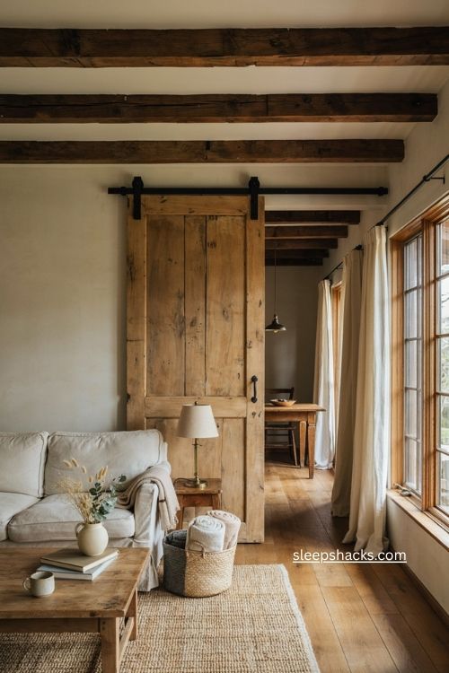Rustic living room decor with sliding barn doors exposed beams reclaimed wood furniture warm neutral tones and cozy farmhouse style 