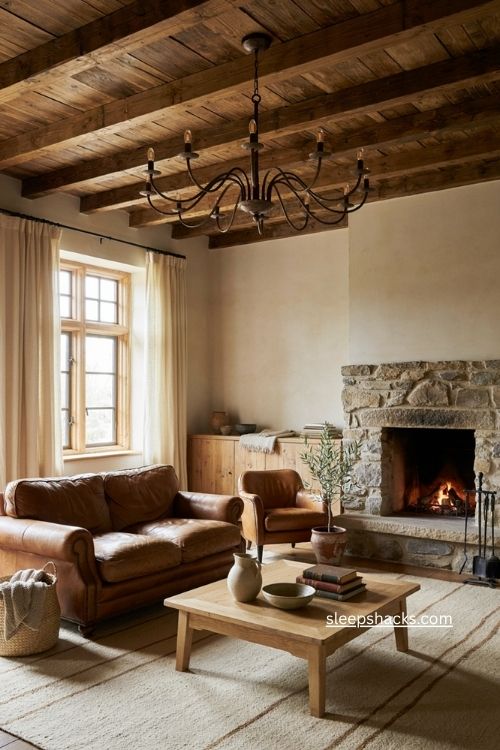 Rustic living room decor with wrought iron chandelier light wood furniture stone fireplace and cozy mountain lodge style 
