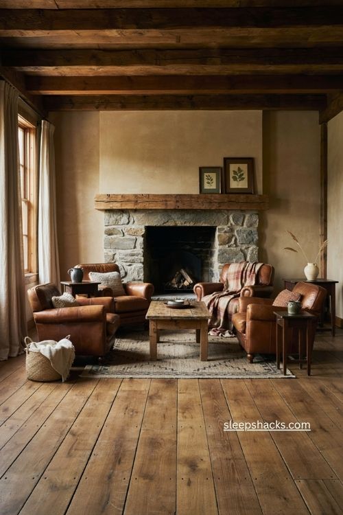 Rustic living room with brown leather sofa cognac armchairs plaid throw and cozy cabin decor 