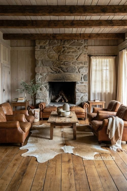 Rustic living room with cowhide rug leather seating stone fireplace and natural wood decor 