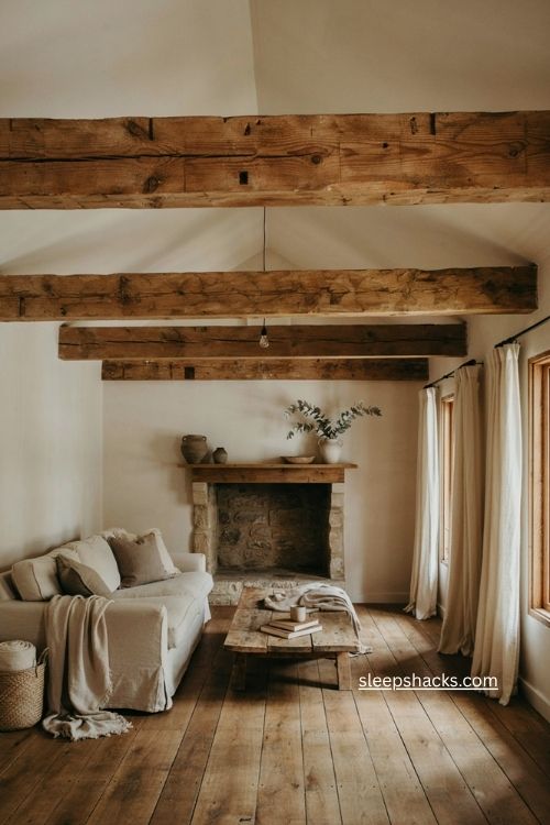 Rustic living room with exposed natural wood beams vaulted ceiling and cozy decor 