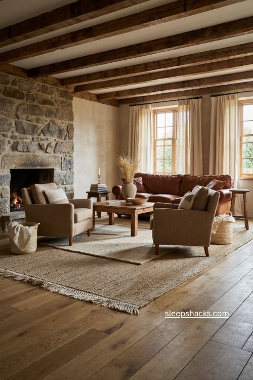 Rustic living room with jute sisal rug layered wool rug leather sofa and natural textures 