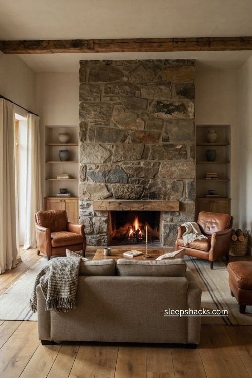 Rustic living room with natural stone fireplace wood shelving cozy armchairs and warm decor 