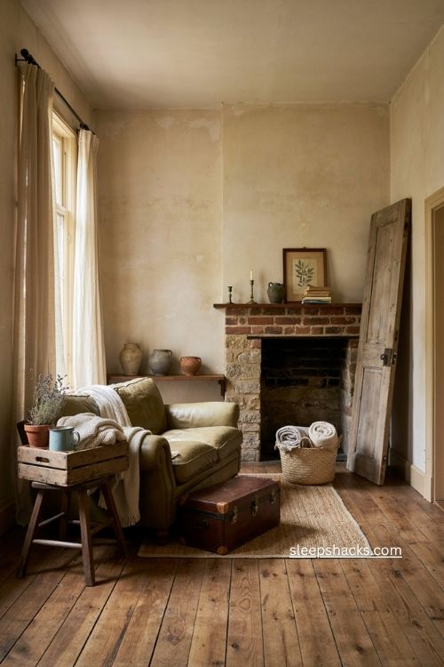 Rustic living room with vintage antique finds weathered wood crate and collected decor 