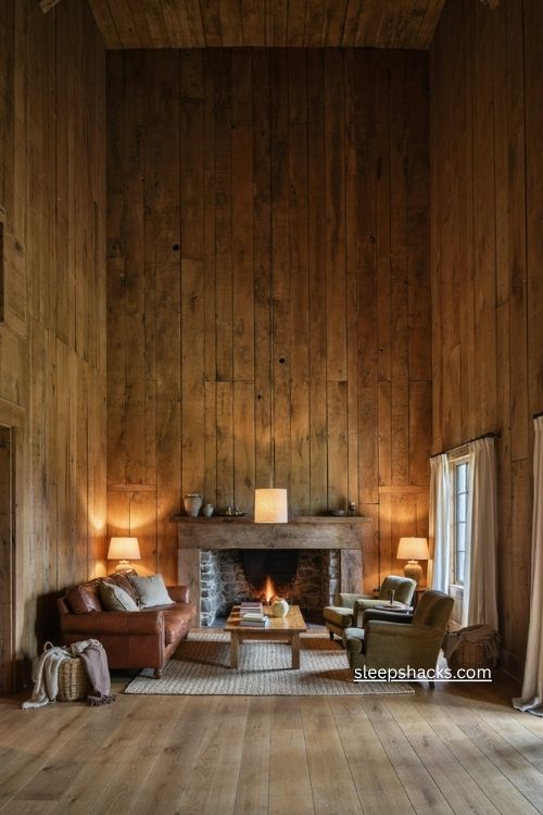 Rustic living room with wood paneling stone fireplace warm lighting and cozy vintage decor 