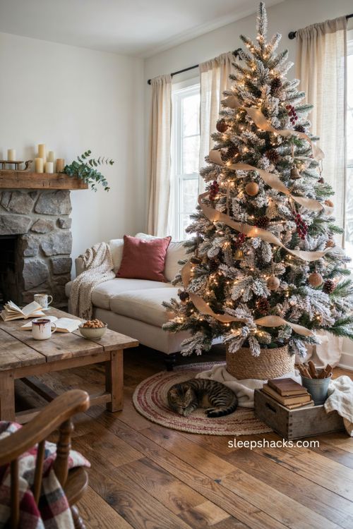 Rustic snowy Christmas tree with burlap ribbon pinecones wooden ornaments dried berries and metal bells