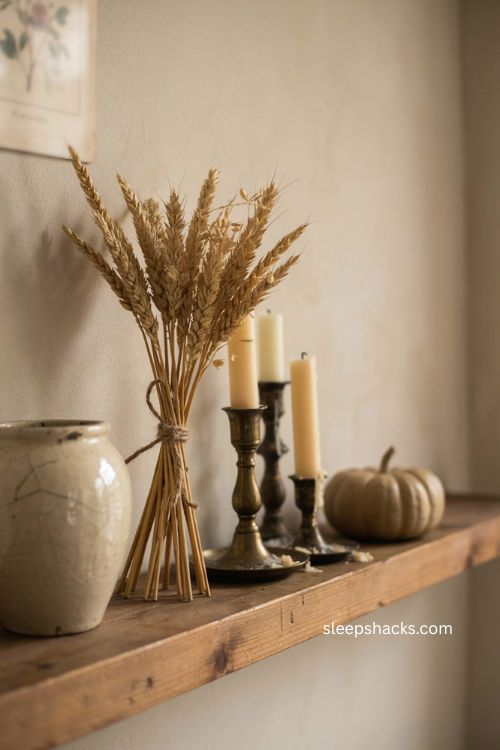 Rustic wheat bundles with metal candlesticks on a fall mantle 