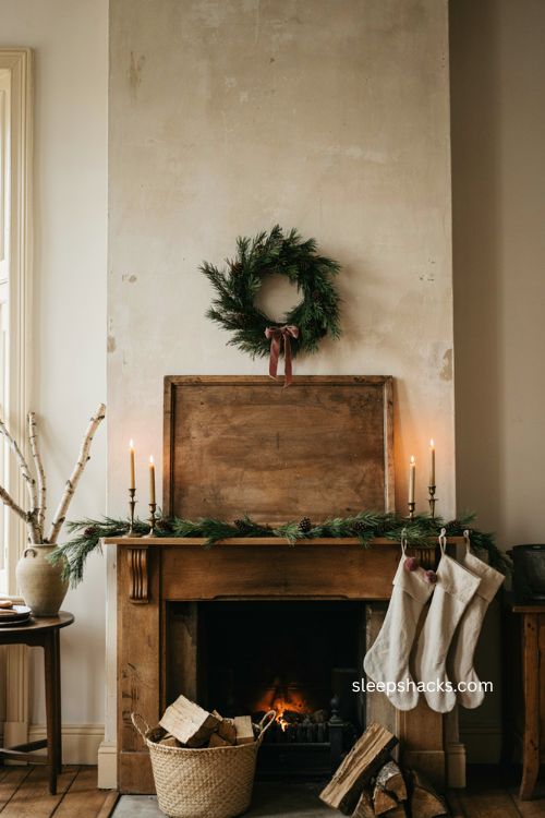 Rustic wooden sign chimney Christmas decor with evergreen wreath and pinecones